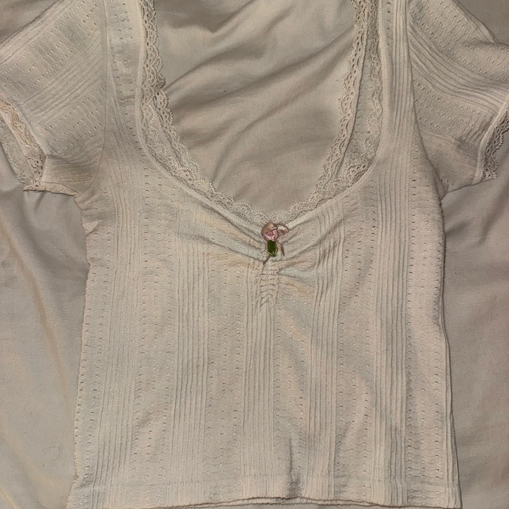 Urban Outfitters Cream Lace-Trim Knit Top with Embroidered Detail